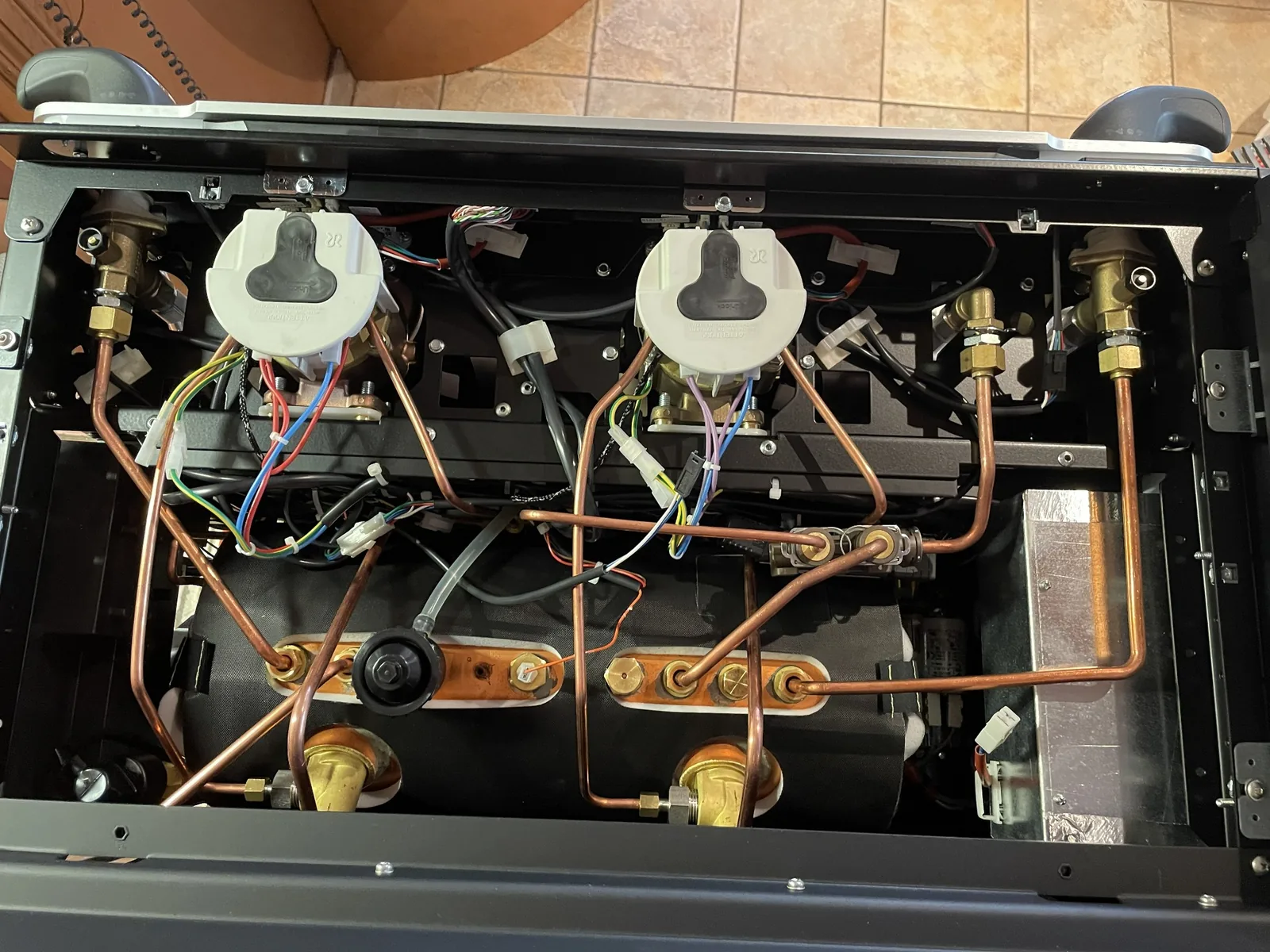 Commercial espresso machine internals and copper pipework