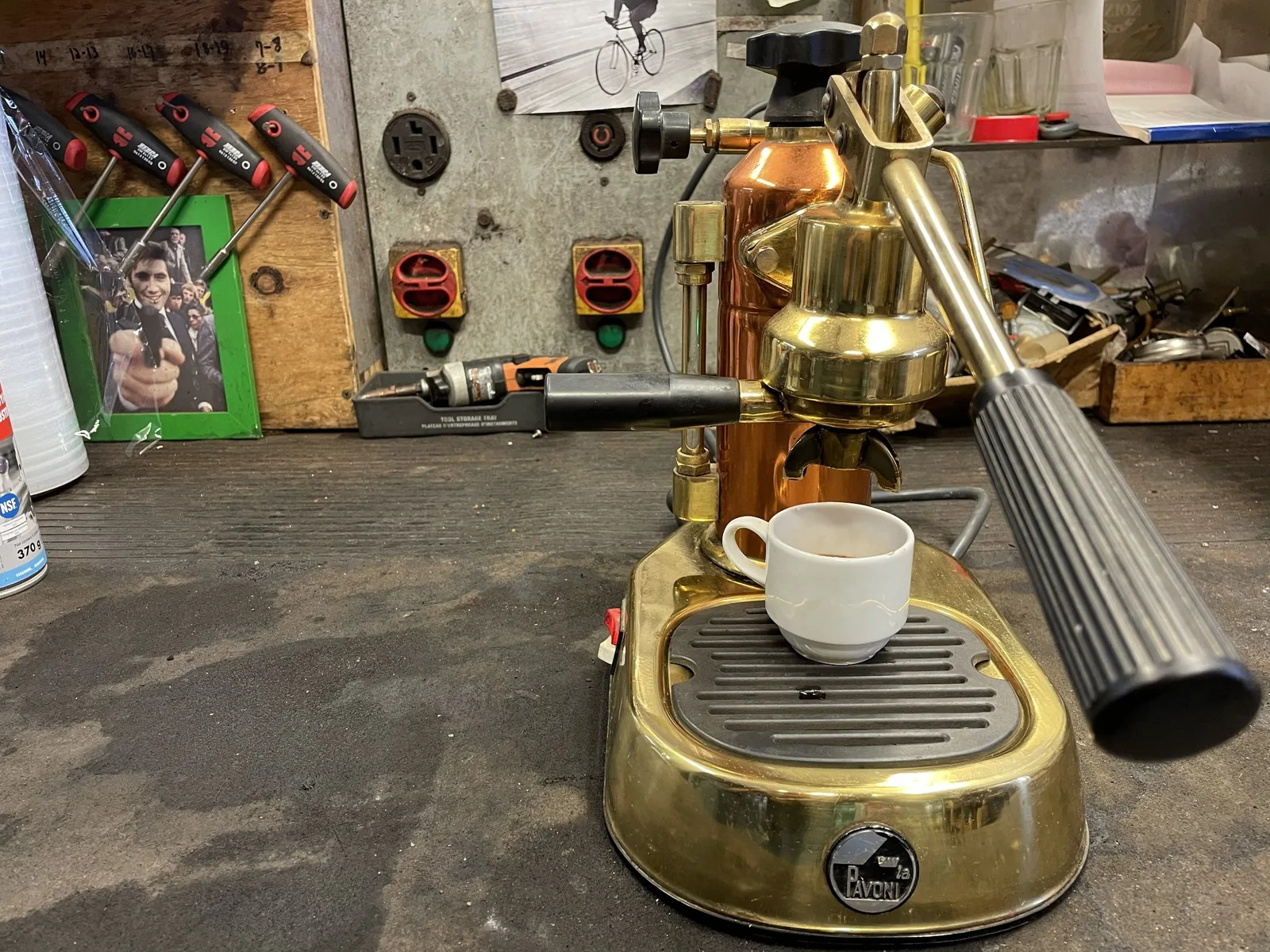 Restored copper and brass Elektra espresso machine